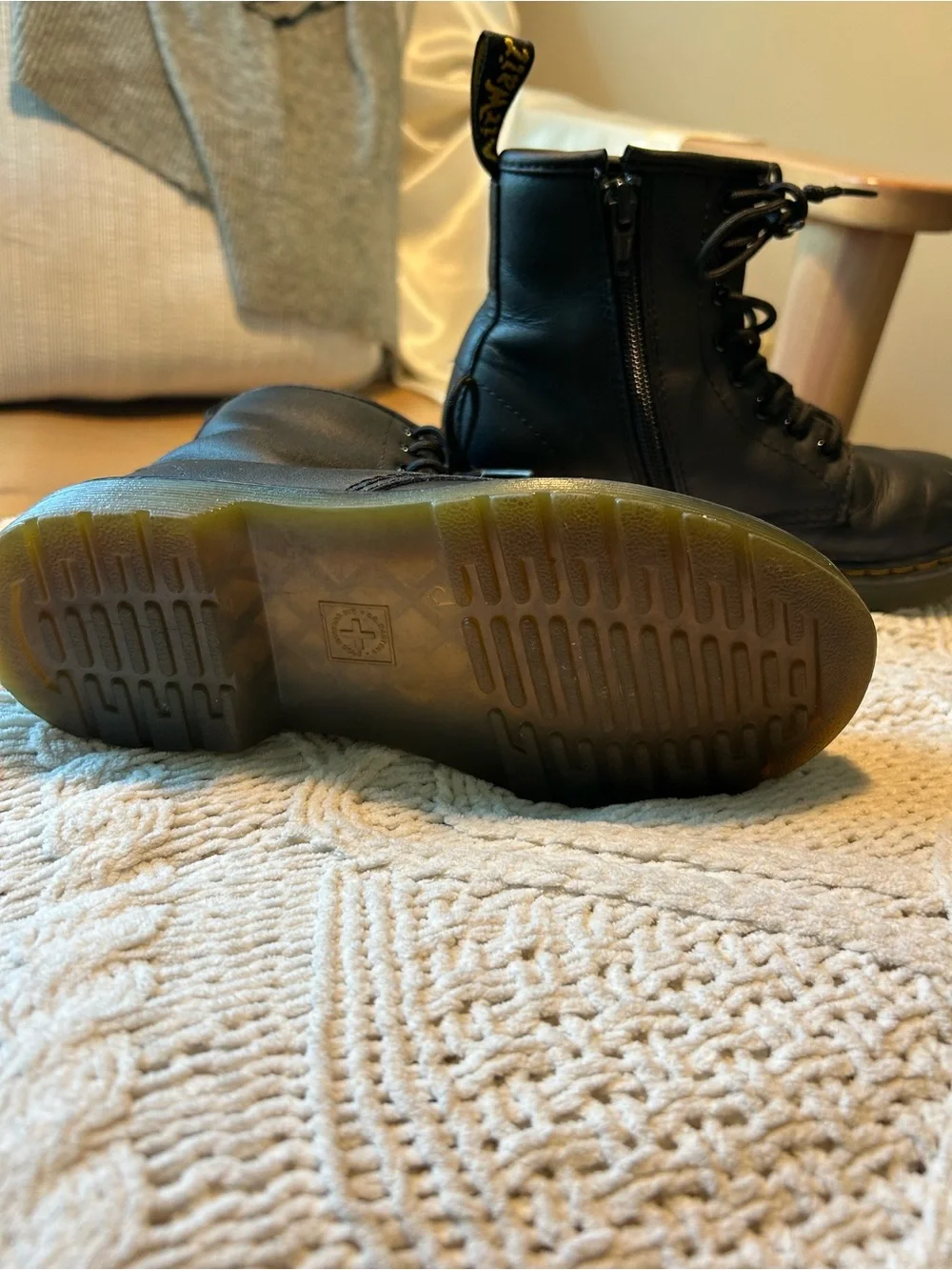Doc Martens Black Leather Lace-Up Combat Boots with Side Zip- Girls size 1